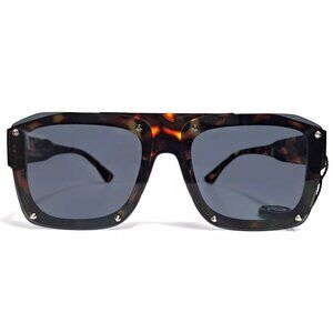 Stylish Rectangular Shield Sunglasses with Havana Frame Studs Spikes - 80494